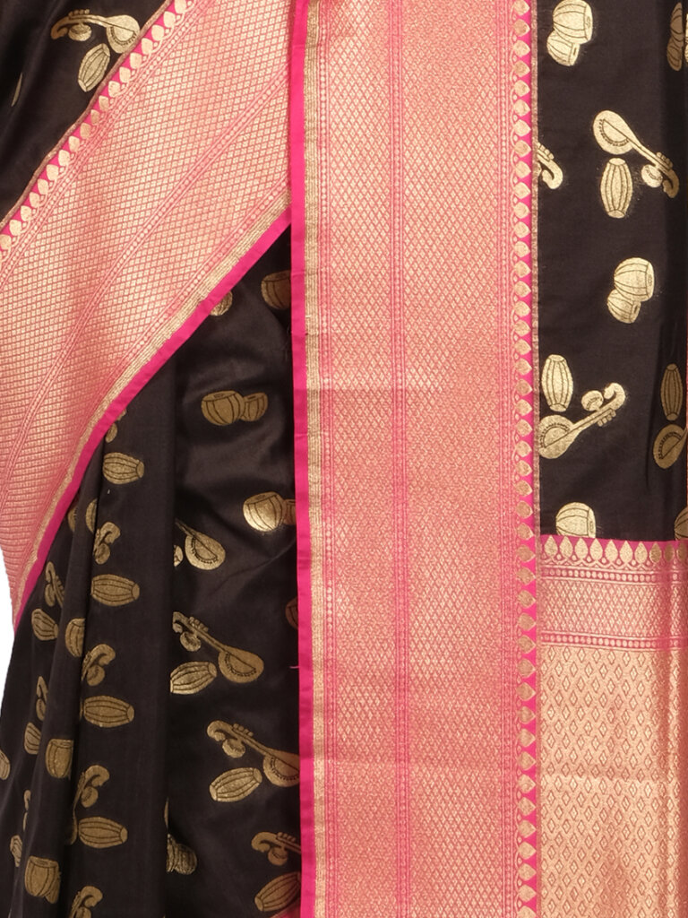 Black Pink Motifs Floral Zari Banarsee Party Wear Semi Silk Saree - Close Up Pose