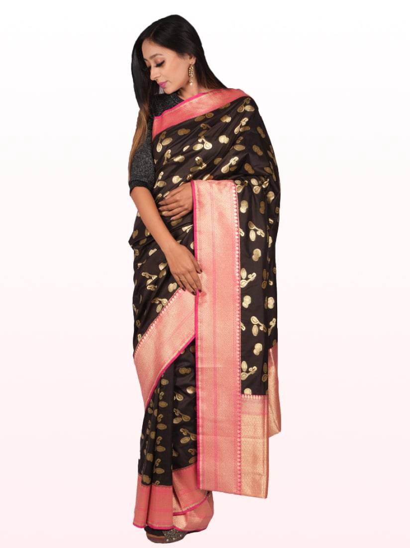 Black Pink Motifs Floral Zari Banarsee Party Wear Semi Silk Saree - Front Pose Edited