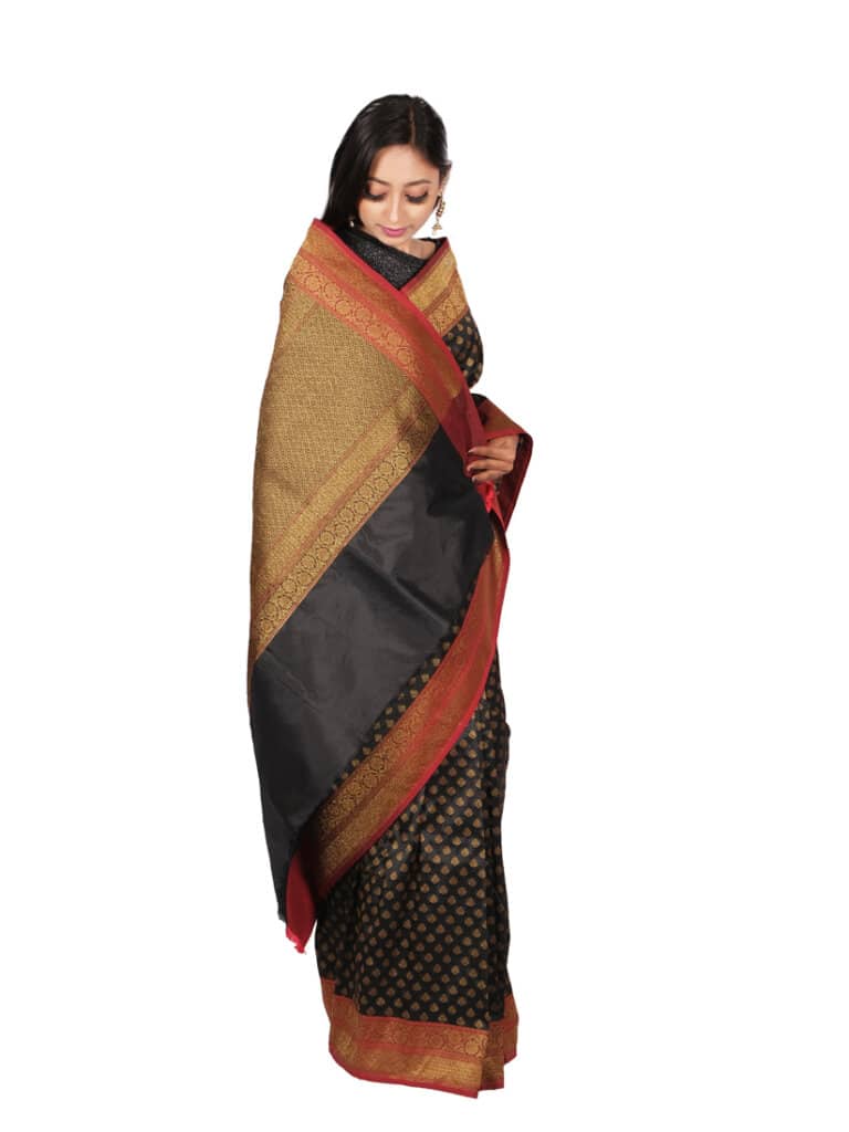 Black Red Woven Design Banarsee Party Wear Semi Silk Saree - Anchal Pose