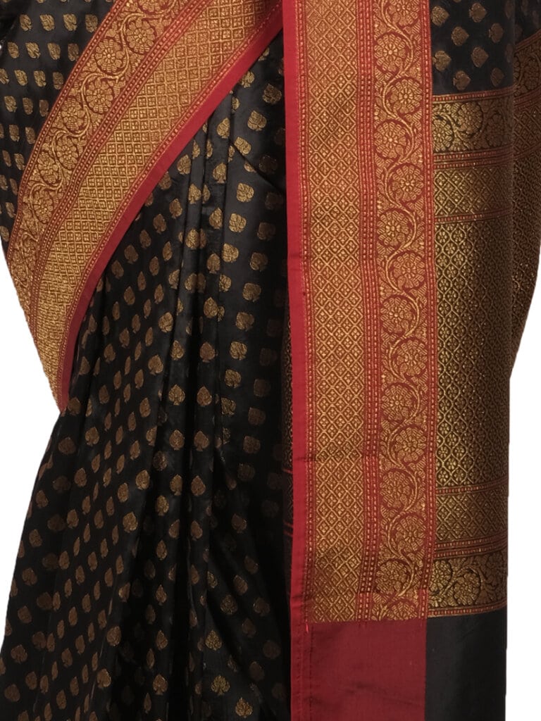 Black Red Woven Design Banarsee Party Wear Semi Silk Saree - Close Up Pose