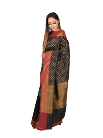 Black Red Woven Design Banarsee Party Wear Semi Silk Saree - Side Pose