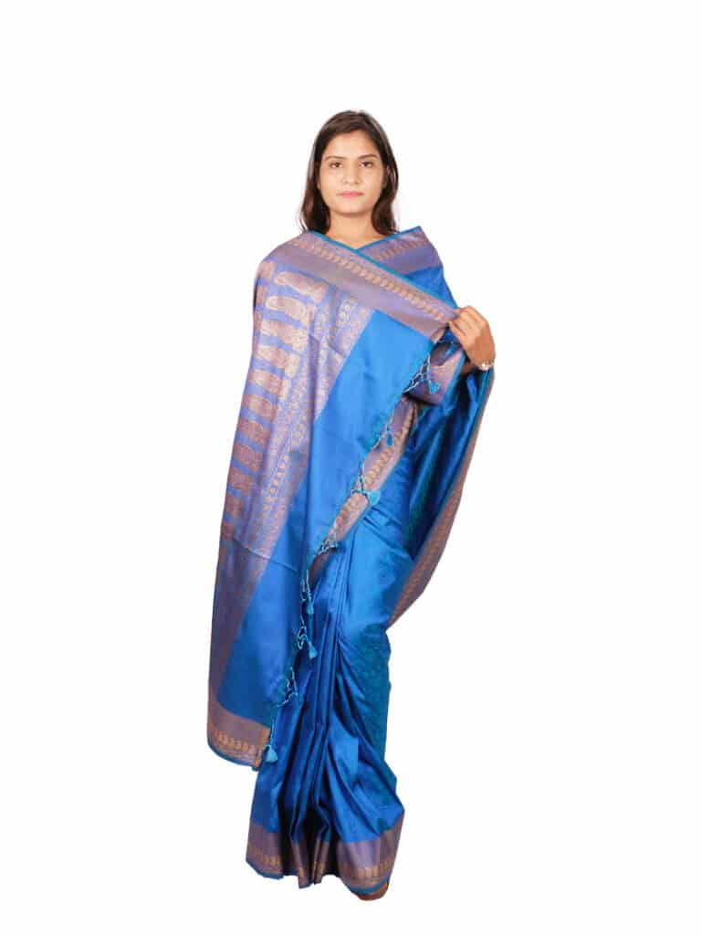 Blue Gold Toned Woven Design Banarsee Party Wear Semi Silk Saree - Anchal Pose