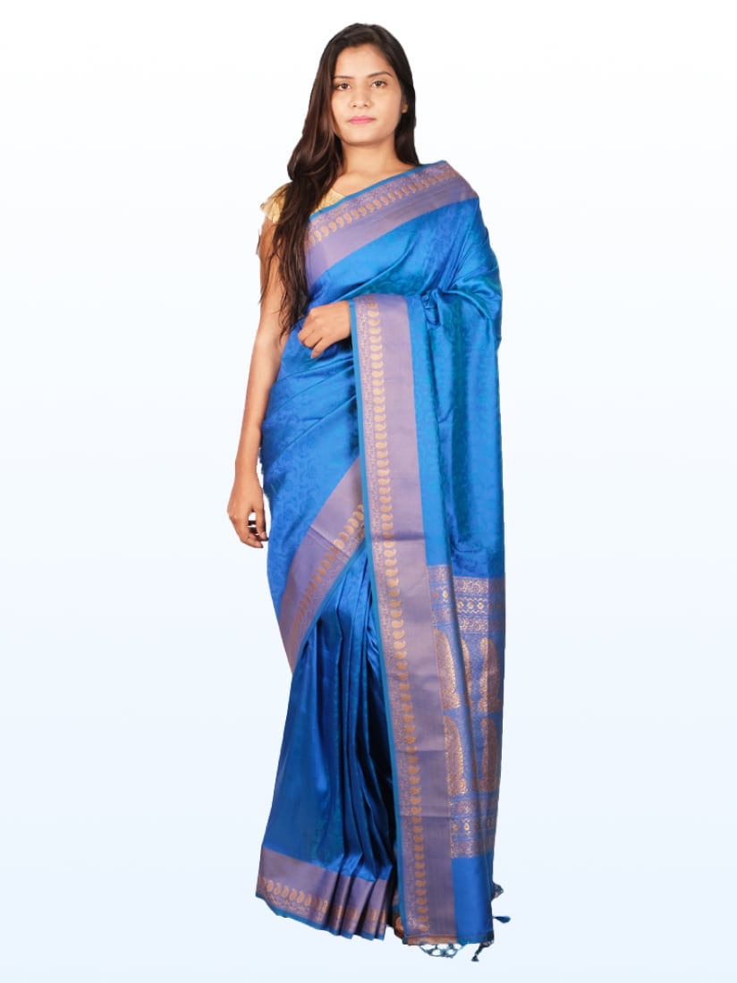 Blue Gold Toned Woven Design Banarsee Party Wear Semi Silk Saree - Front Pose Edited