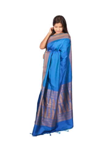 Blue Gold Toned Woven Design Banarsee Party Wear Semi Silk Saree - Side Pose