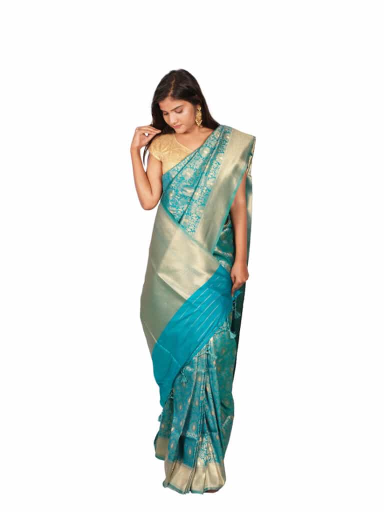 Blue Gold Woven Design Banarsee Party Wear Semi Silk Saree - Anchal Pose