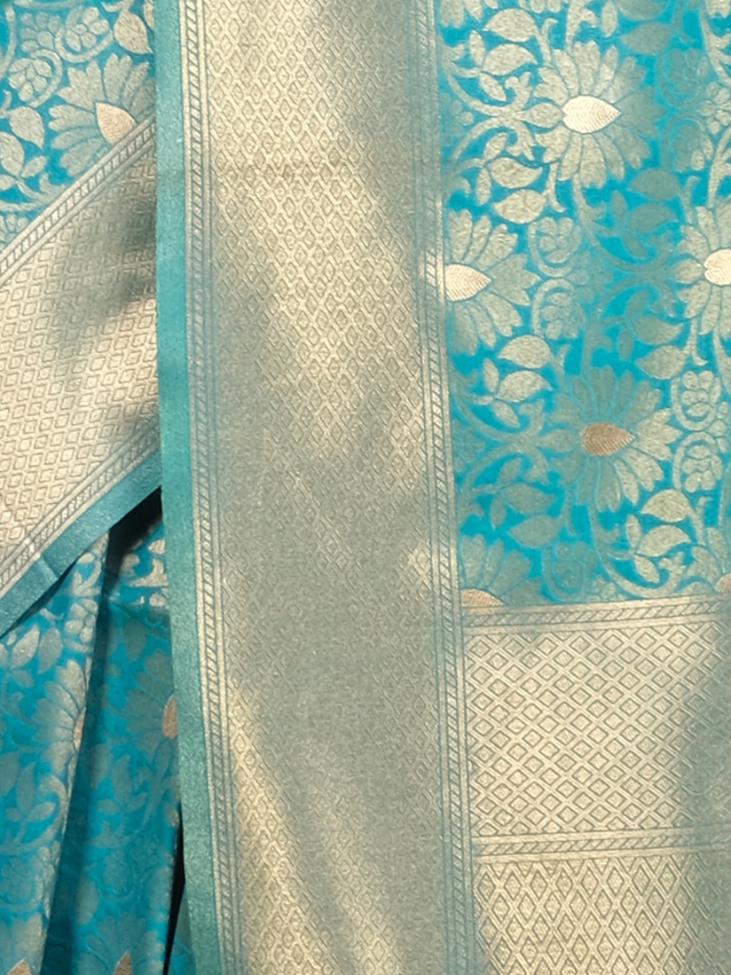 Blue Gold Woven Design Banarsee Party Wear Semi Silk Saree - Close Up Pose