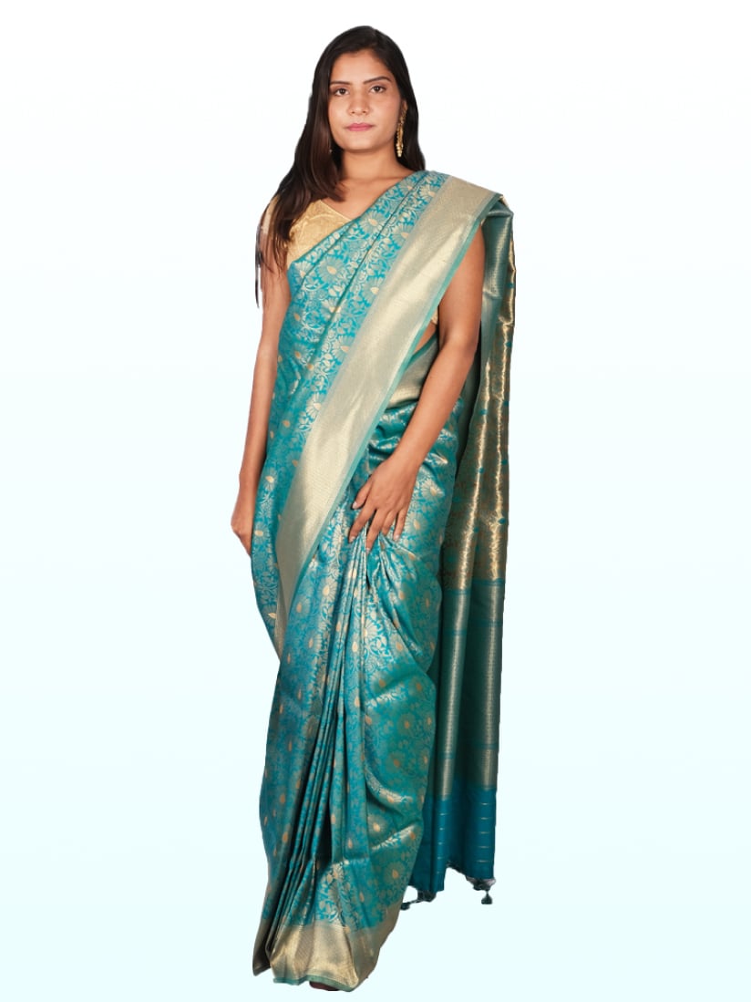 Blue Gold Woven Design Banarsee Party Wear Semi Silk Saree - Front Pose Edited