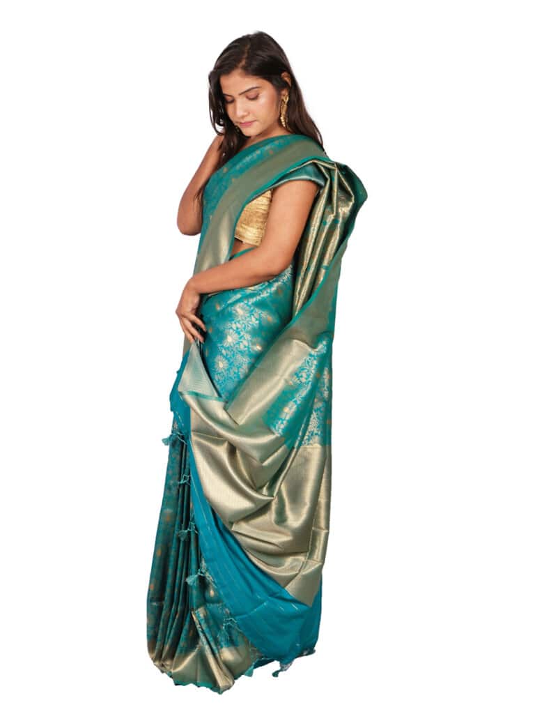 Blue Gold Woven Design Banarsee Party Wear Semi Silk Saree - Side Pose