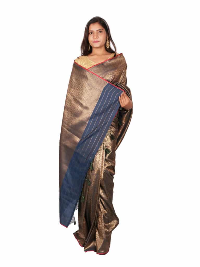 Blue Golden Floral Zari Banarsee Party Wear Semi Silk Saree - Anchal Pose