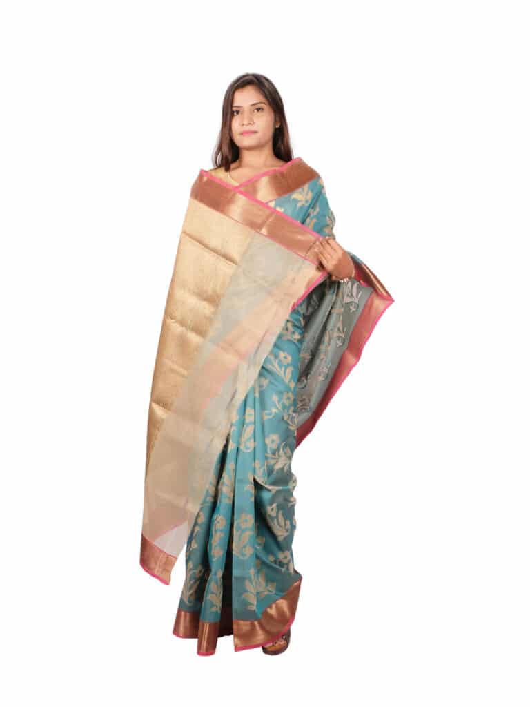 Blue Golden Tussar Woven Art Banarsee Party Wear Organza Saree - Anchal Pose