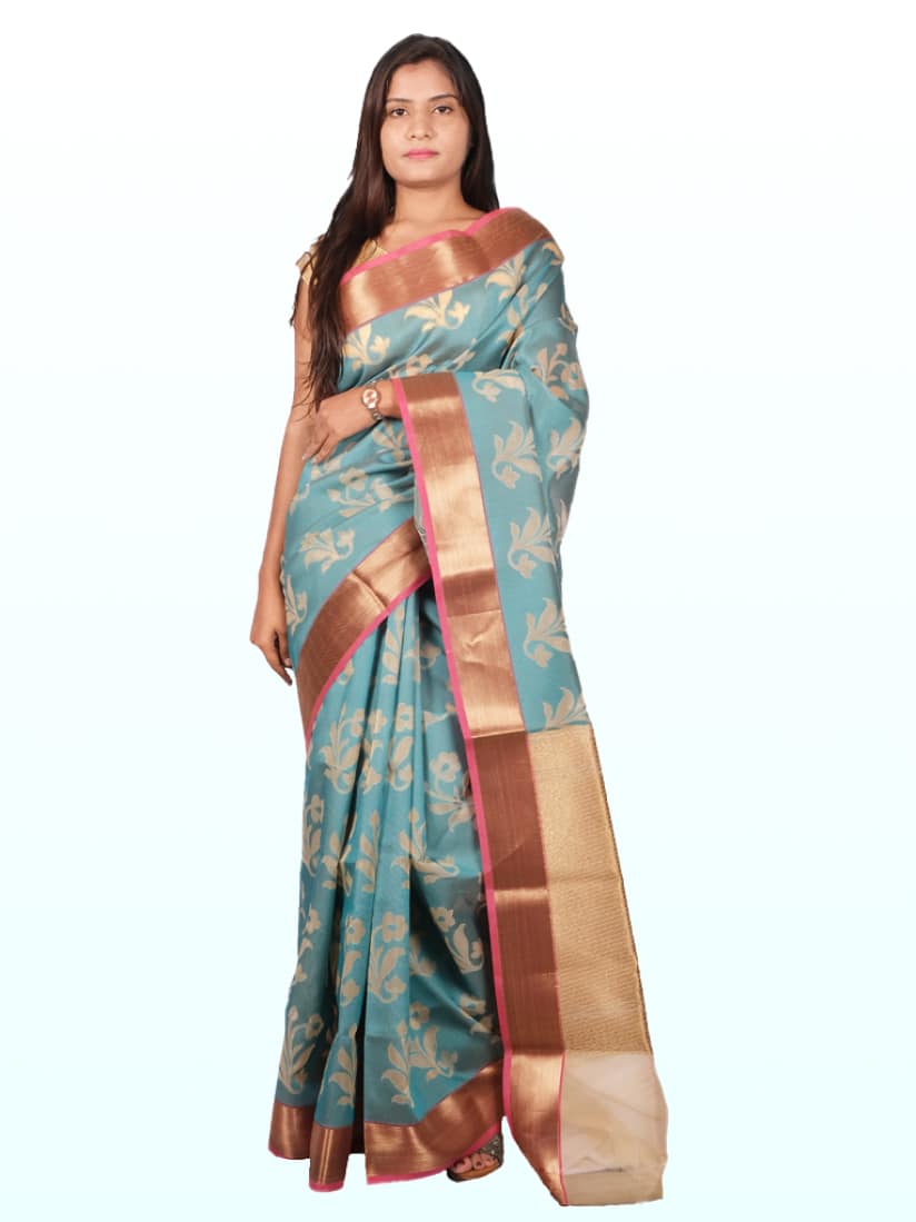 Blue Golden Tussar Woven Art Banarsee Party Wear Orgaza Saree - Front Pose Edited