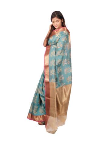 Blue Golden Tussar Woven Art Banarsee Party Wear Organza Saree - Side Pose