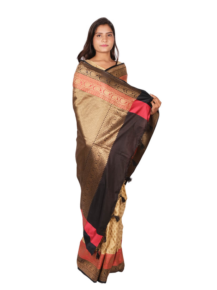 Cream Black Woven Design Zari Banarasee Party Wear Semi Silk Saree - Anchal Pose