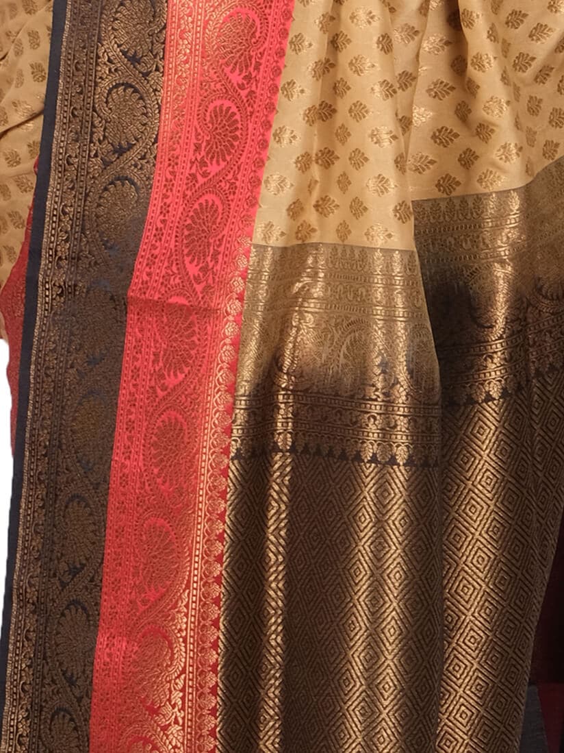Cream Black Woven Design Zari Banarasee Party Wear Semi Silk Saree - Close Up Pose