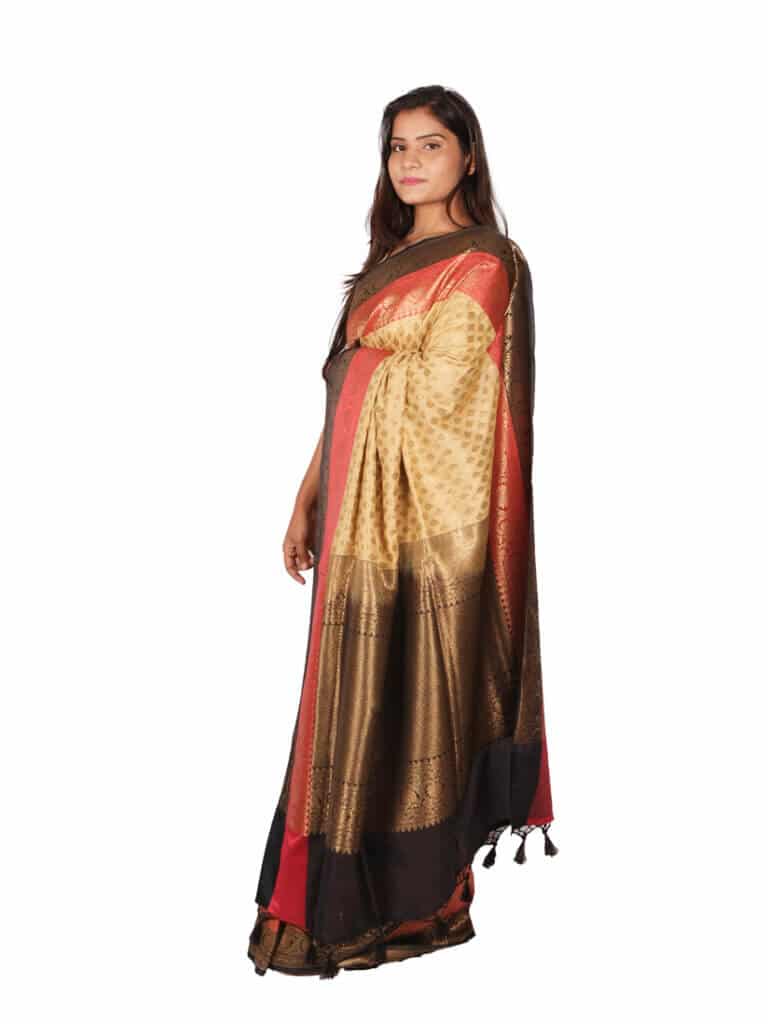Cream Black Woven Design Zari Banarasee Party Wear Semi Silk Saree - Side Pose