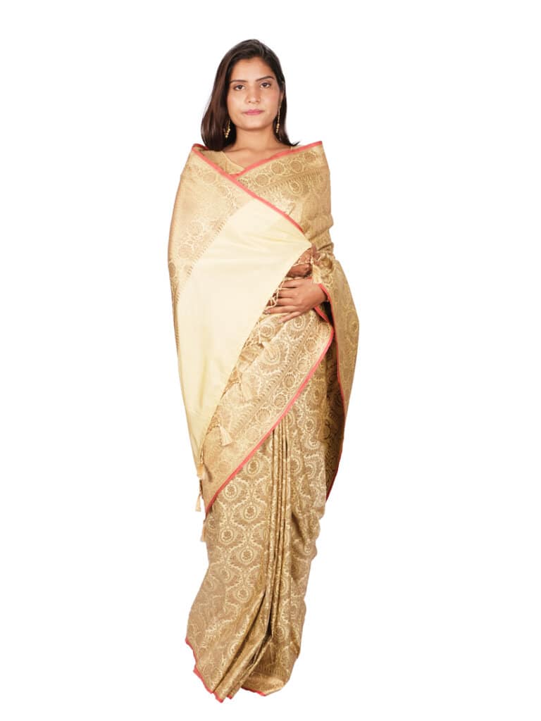 Cream Gold Tonned Motifs Zari Banarsee Party Wear Semi Silk Saree - Anchal Pose