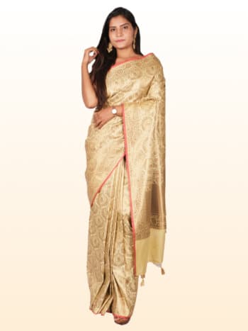 Cream Gold Toned Motifs Zari Banarsee Party Wear Semi Silk Saree - Front Pose Edited