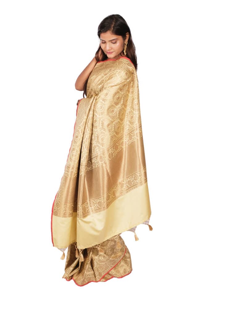 Cream Gold Tonned Motifs Zari Banarsee Party Wear Semi Silk Saree - Side Pose