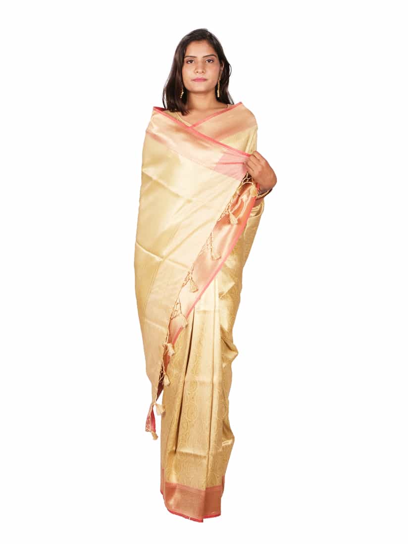 Cream Gold Tonned Motifs Zari Banarsee Semi Silk Saree - Anchal Pose