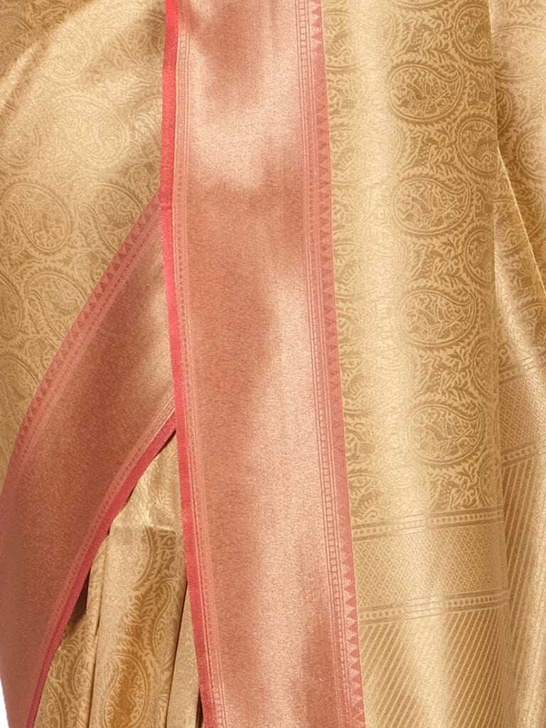 Cream Gold Tonned Motifs Zari Banarsee Semi Silk Saree - Close Up Pose