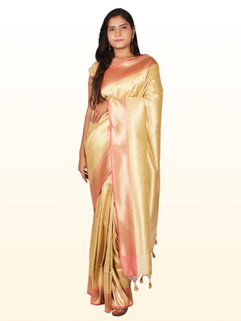 Cream Gold Toned Motifs Zari Banarsee Semi Silk Saree - Front Pose Edited