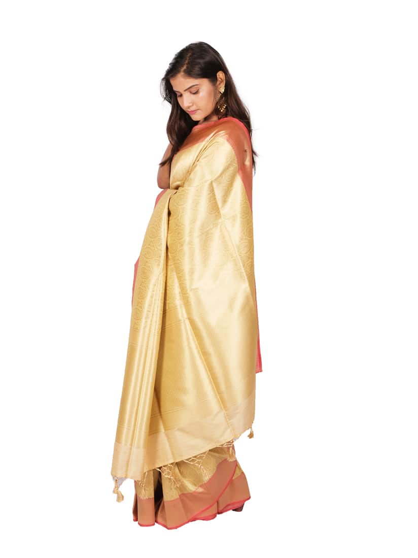 Cream Gold Tonned Motifs Zari Banarsee Semi Silk Saree - Side Pose