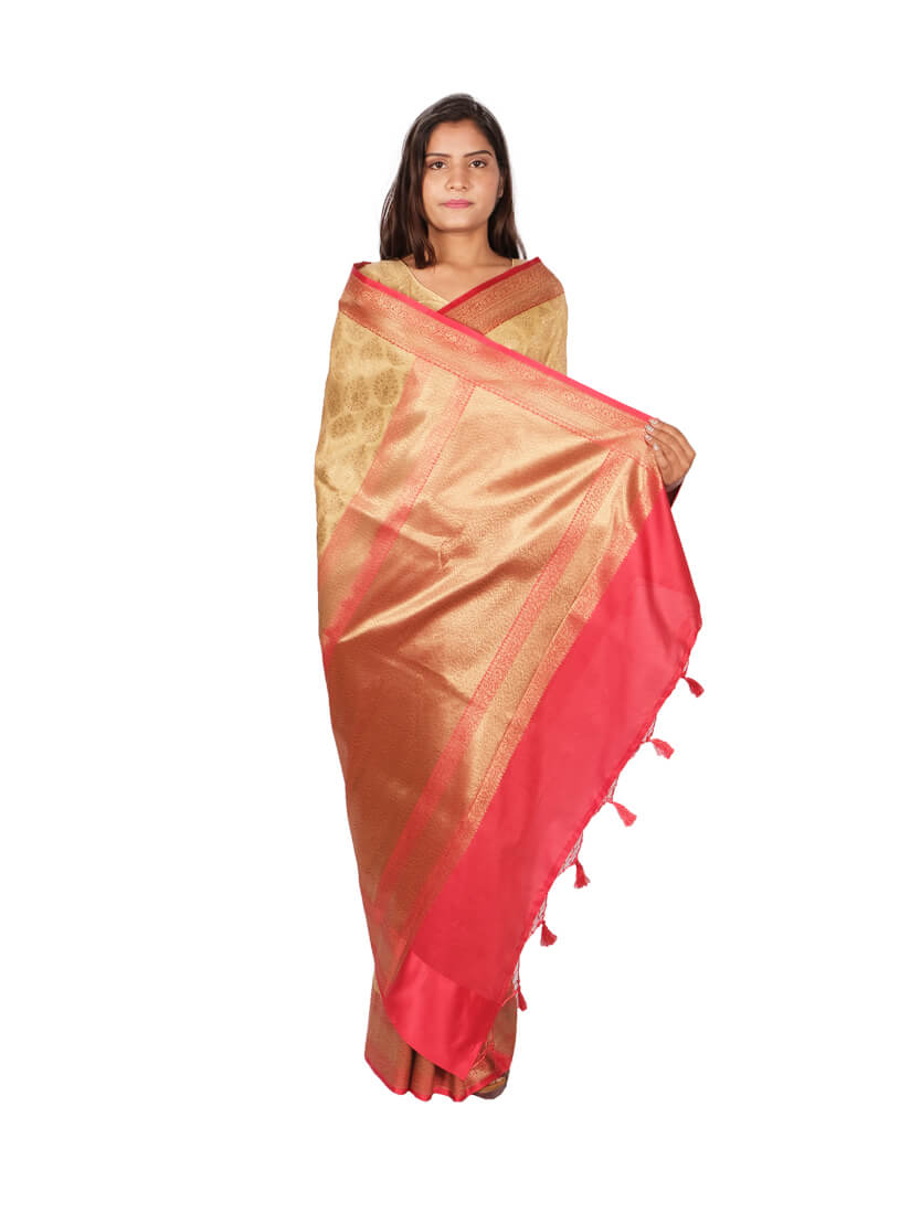 Cream Peach Woven Design Zari Banarsee Party Wear Semi Silk Saree - Anchal Pose