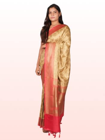 Cream Peach oven Design Zari Banarsee Party Wear Semi Silk Saree - Front Pose Edited