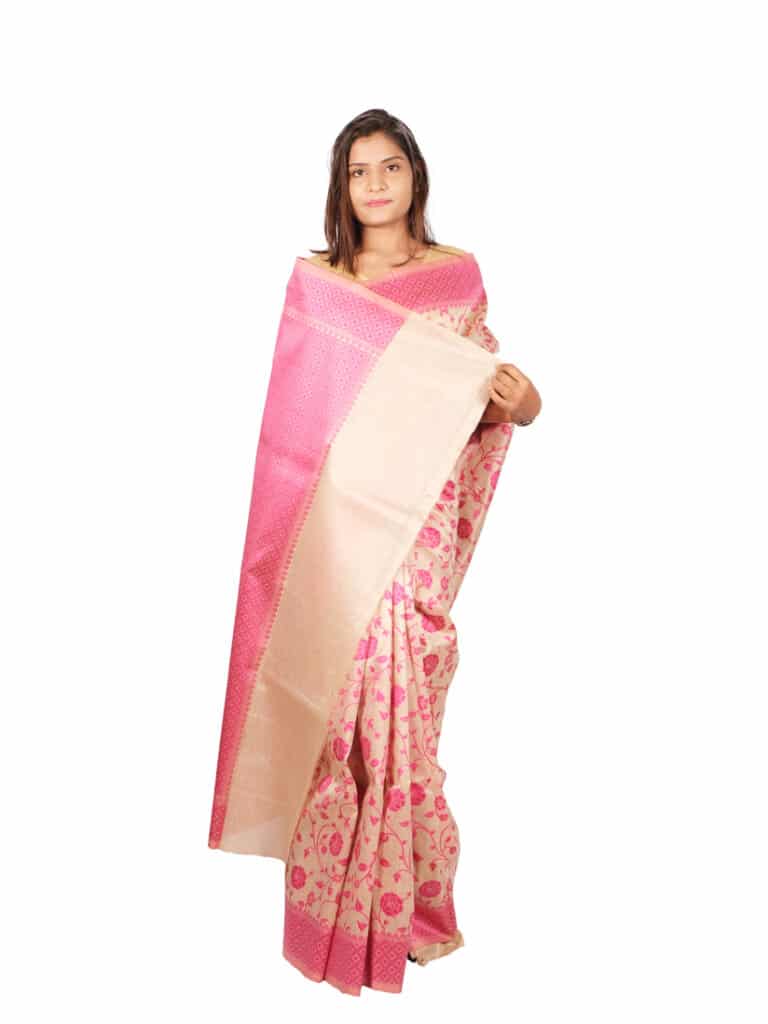 Cream Pink Floral Woven Design Banarsee Party Wear Semi Silk Saree - Anchal Pose
