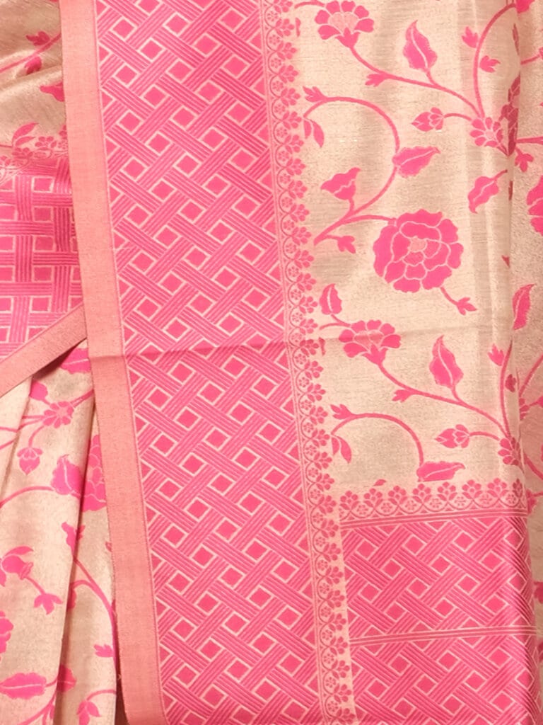 Cream Pink Floral Woven Design Banarsee Party Wear Semi Silk Saree - Close Up Pose