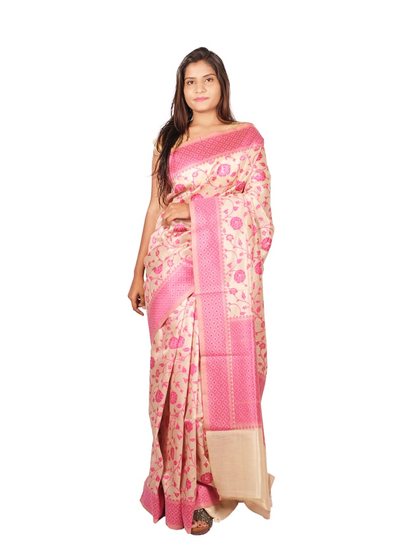 Cream Pink Floral Woven Design Banarsee Party Wear Semi Silk Saree - Front Pose