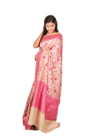 Cream Pink Floral Woven Design Banarsee Party Wear Semi Silk Saree - Side Pose