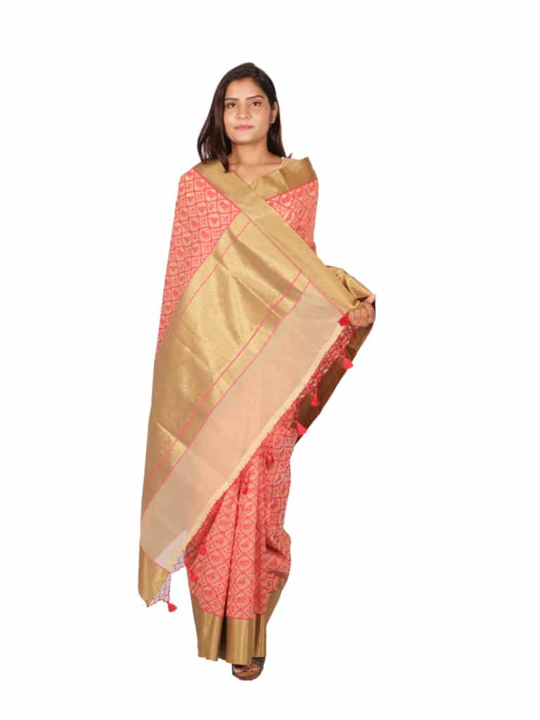 Cream Red Woven Design Banarsee Party Wear Organza Saree - Anchal Pose