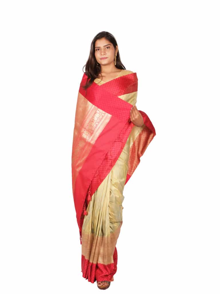 Cream Red Woven Design Banarsee Party Wear Organza Saree - Anchal Pose