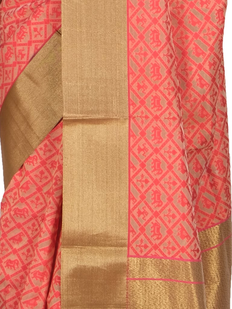 Cream Red Woven Design Banarsee Party Wear Organza Saree - Close Up Pose