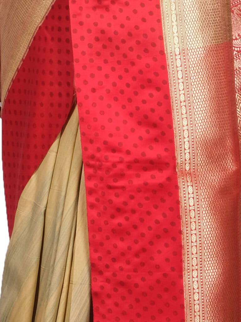 Cream Red Woven Design Banarsee Party Wear Organza Saree - Close Up Pose