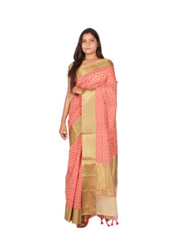 Cream Red Woven Design Banarsee Party Wear Organza Saree - Front Pose