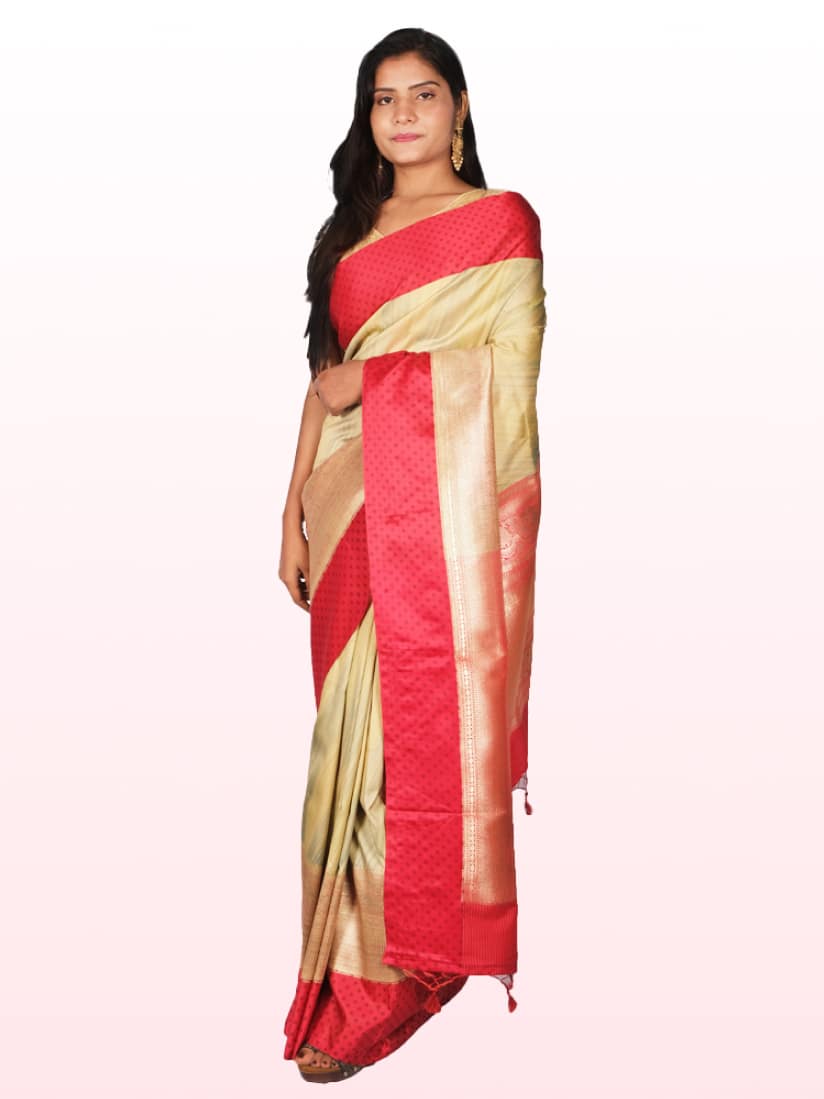Cream Red Woven Design Banarsee Party Wear Semi Silk Saree - Front Pose Edited