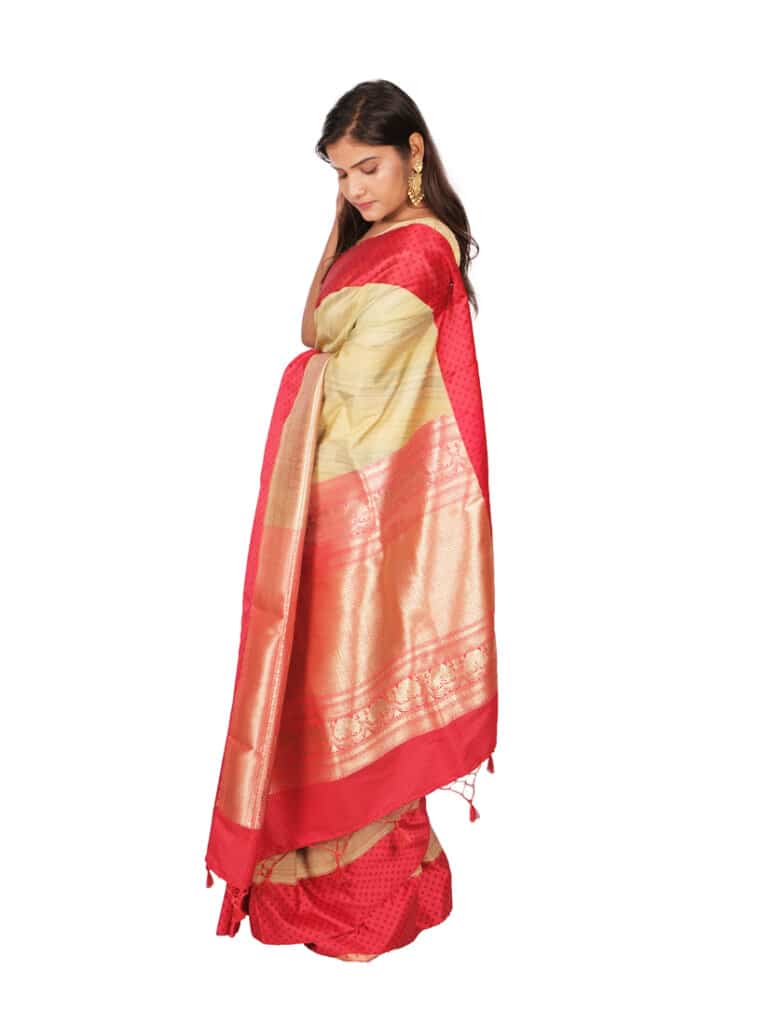 Cream Red Woven Design Banarsee Party Wear Organza Saree - Side Pose