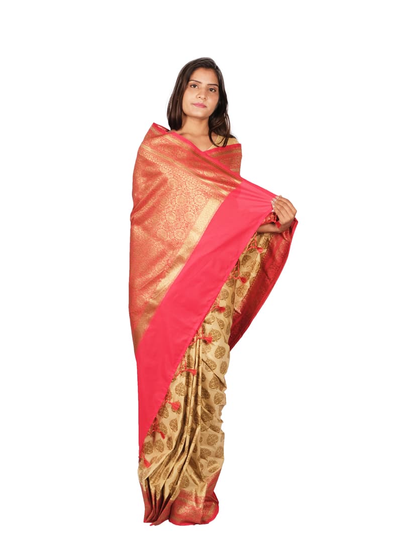 Cream Red Woven Design Zari Banarsee Party Wear Semi Silk Saree - Anchal Pose
