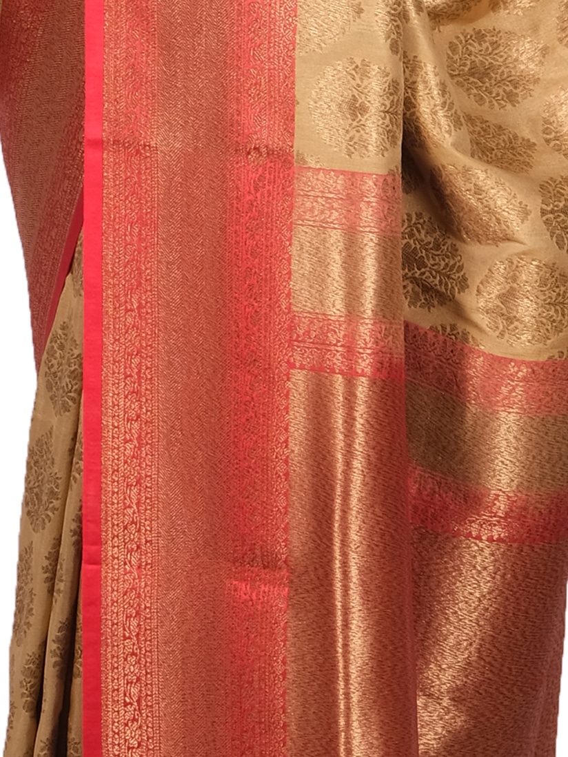 Cream Red Woven Design Zari Banarsee Party Wear Semi Silk Saree - Close Up Pose