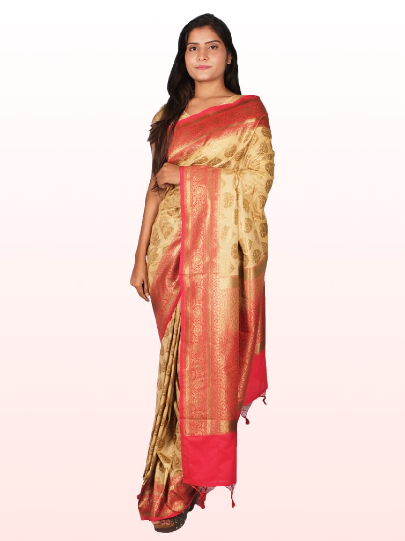 Cream Red Woven Design Zari Banarsee Party Wear Semi Silk Saree - Front Pose Edited