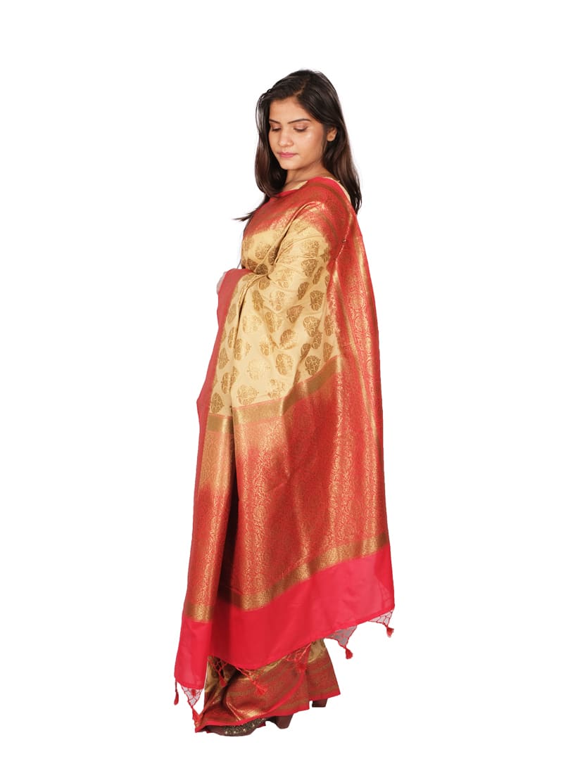 Cream Red Woven Design Zari Banarsee Party Wear Semi Silk Saree - Side Pose
