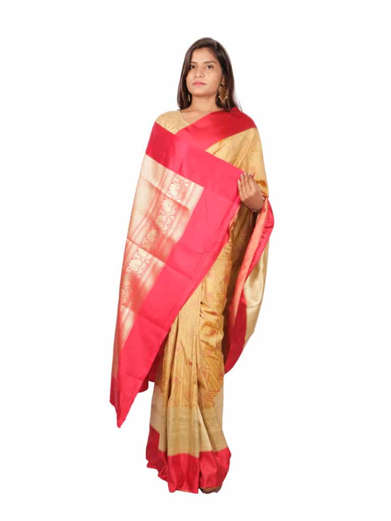 Cream Red Woven Zari Banarsee Party Wear Semi Silk Saree - Anchal Pose