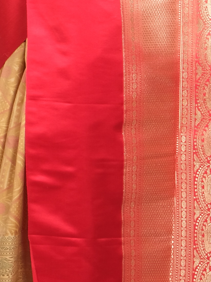 Cream Red Woven Zari Banarsee Party Wear Semi Silk Saree - Close Up Pose