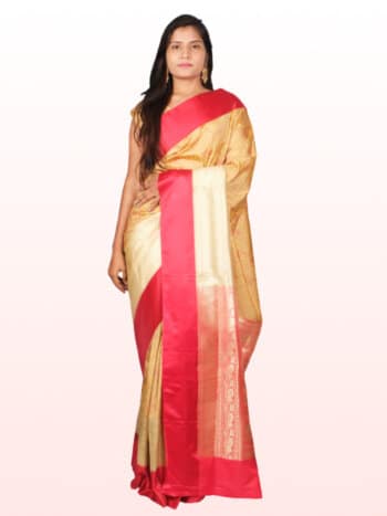Cream Red Woven Zari Banarsee Party Wear Semi Silk Saree - Front Pose Edited