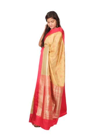 Cream Red Woven Zari Banarsee Party Wear Semi Silk Saree - Side Pose