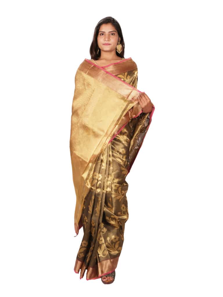 Golden Red Motifs Floral Zari Banarsee Party Wear Tissue Saree - Anchal Pose