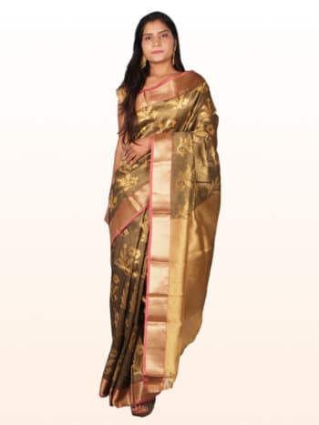 Golden Red Motifs Floral Zari Banarsee Party Wear Tissue Saree - Front Pose Edited