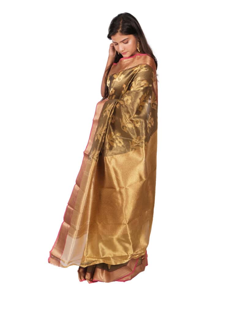 Golden Red Motifs Floral Zari Banarsee Party Wear Tissue Saree - Side Pose